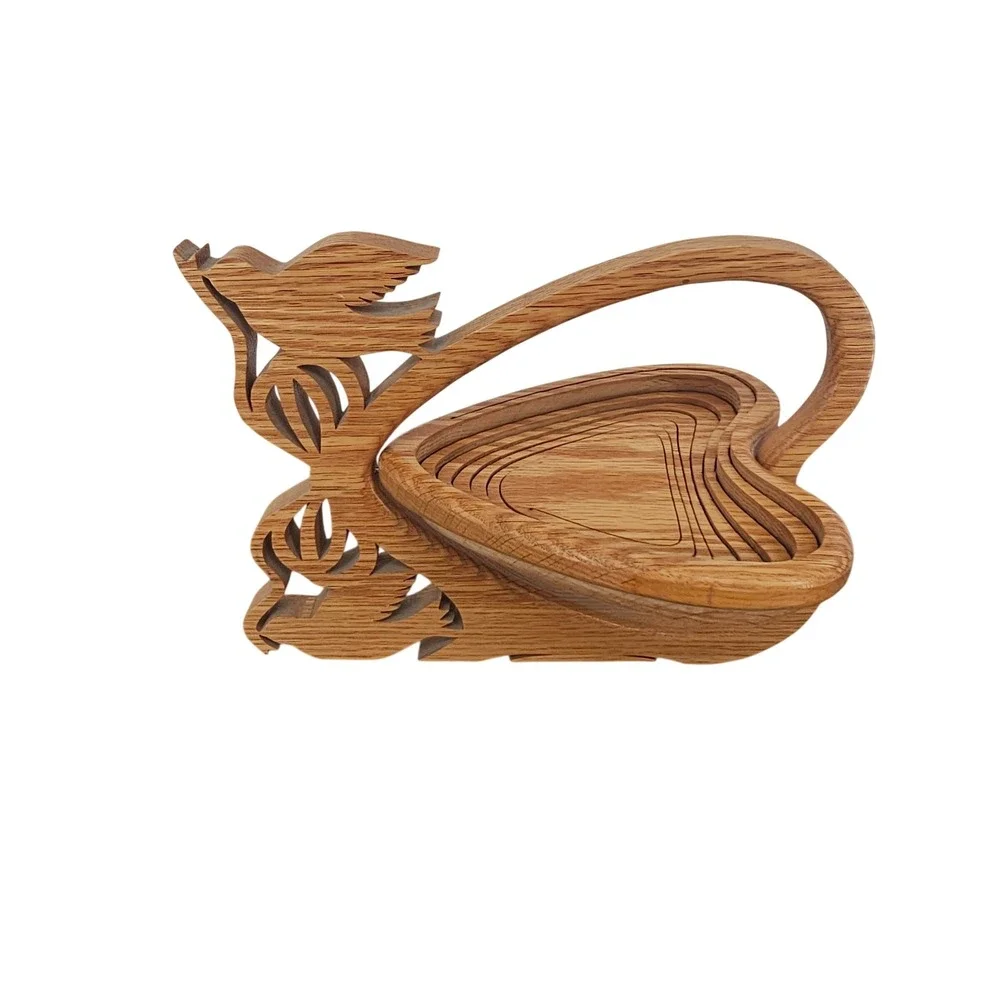 Handcrafted Collapsible Wooden Heart Fruit Basket Bird Motif Trivet Bowl